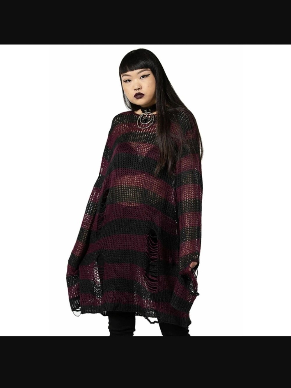 Killstar Black and Burgundy Striped Distressed Open-Knit Sweater
